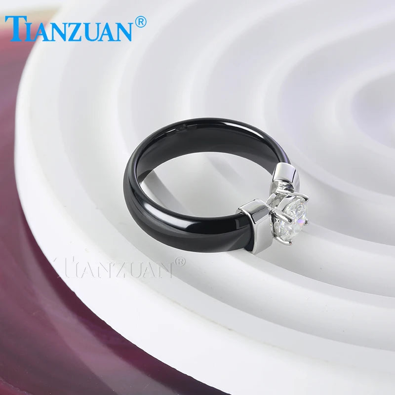 TIANZUAN Ladies Ring Ceramic Stainless Steel with 6mm Round Moissanite Waterproof Girls Ring Fashion Jewelry