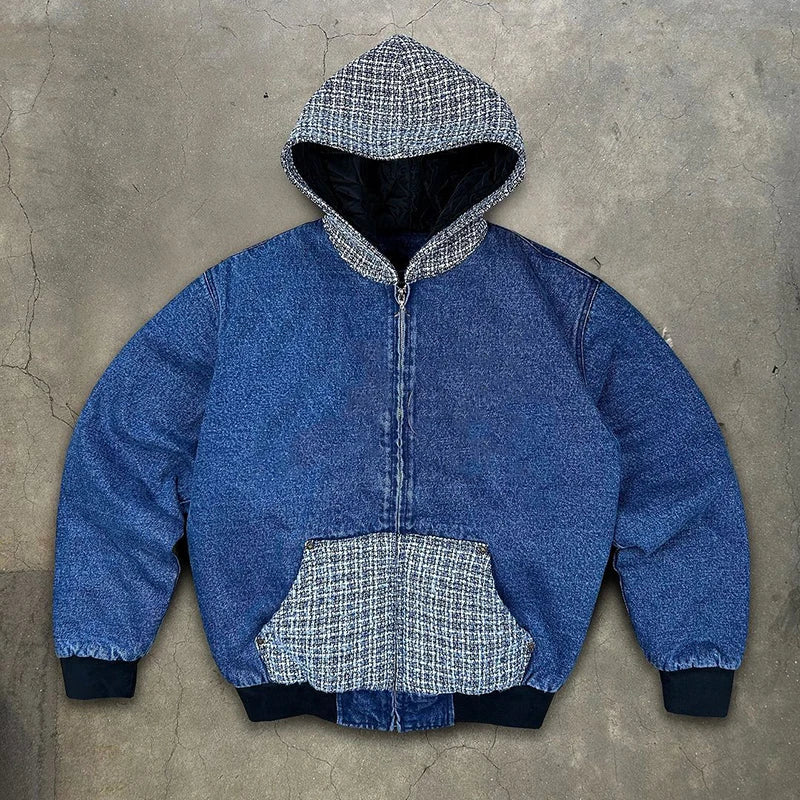 YSJY Factory Custom Duck Canvas Boxy Bomber Work Jacket Hood Zipper up Wash Workers Workwear Denim Hoodie Jacket for Men