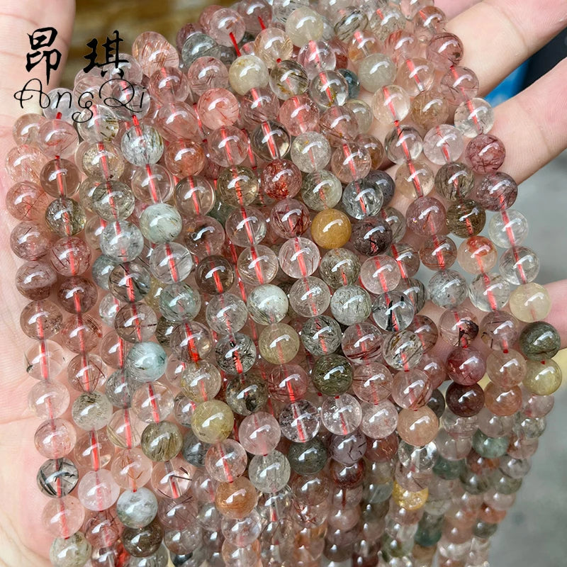 Wholesale Natural Red Green Rutilated Quartz Round Smooth Natural Red Rutilated Quartz Beads for Jewelry Making