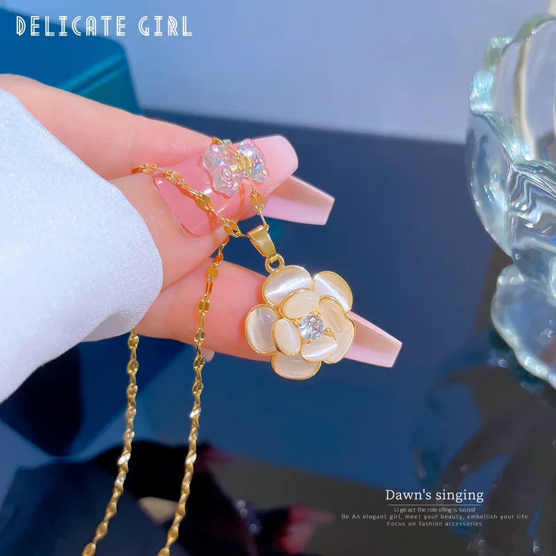 Delicate White Opal Flower Pendant Necklace Stainless Steel Lip Link Chain Necklace Gold Plated Zircon Flower Choker Necklace