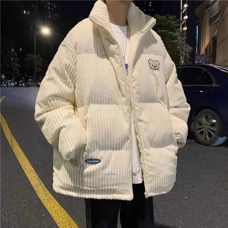 2024 New Design Corduroy Jacket Utility Men Bear Design Custom Puffer Jacket Men Doll Men Jaket Winter Jacket Denim Fabric Raw