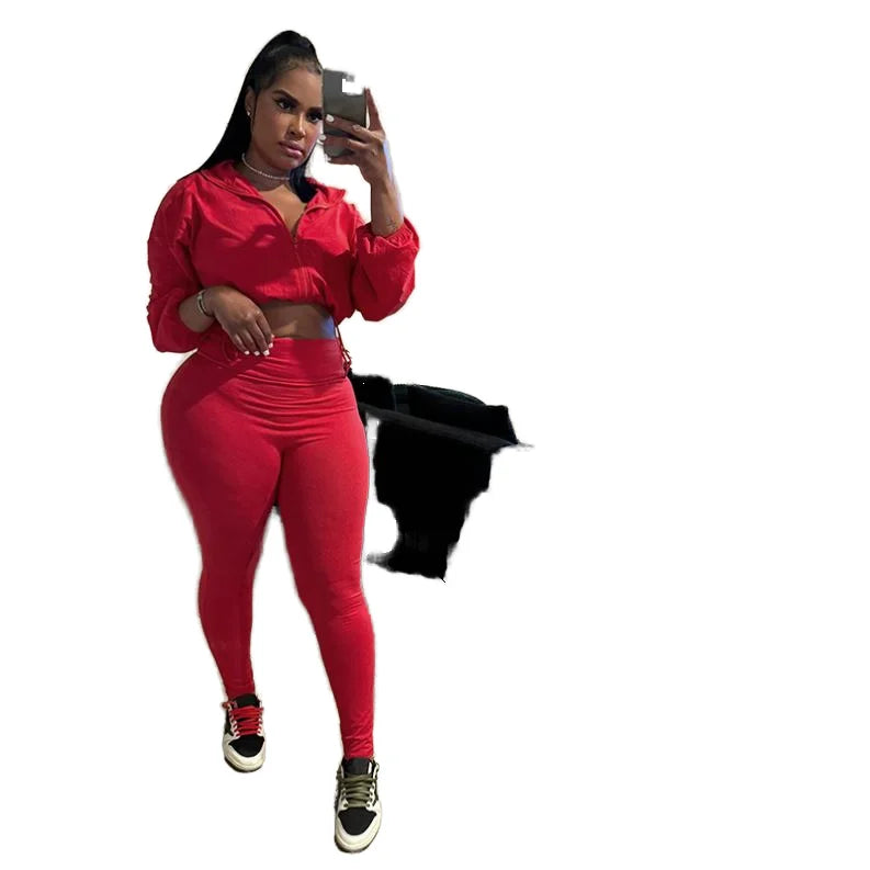 Autumn Long Sleeve Zipper Coat Leggings Casual Coat Top and Long Pants 2 Piece Fall Set Women