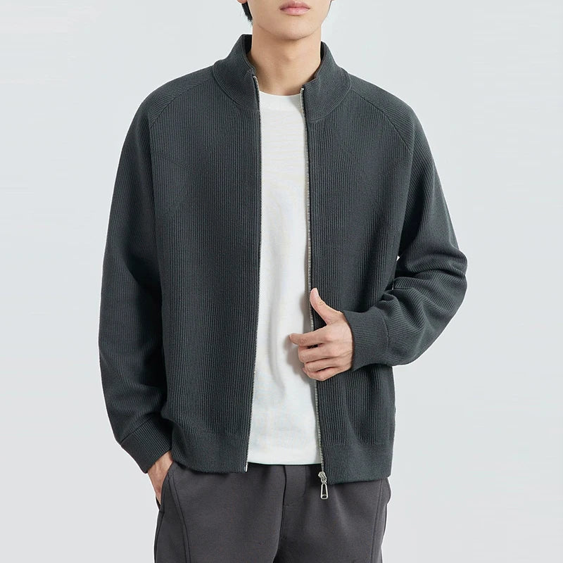Custom Logo Zipper Cardigan Sweater Jacket Knitted Thick Stand Collar Men Casual Knit Jacket