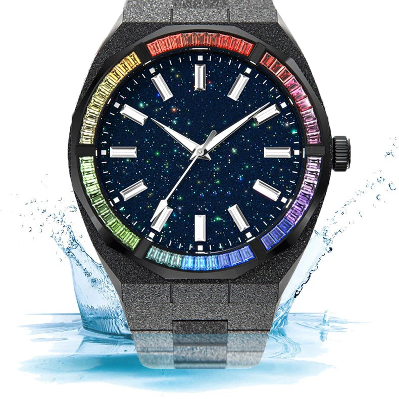 30m Depth Waterproof Rainbow Bezel Quartz Watch Hot Selling Stainless Steel High End Dull Polish Band Wrist Watch for Men