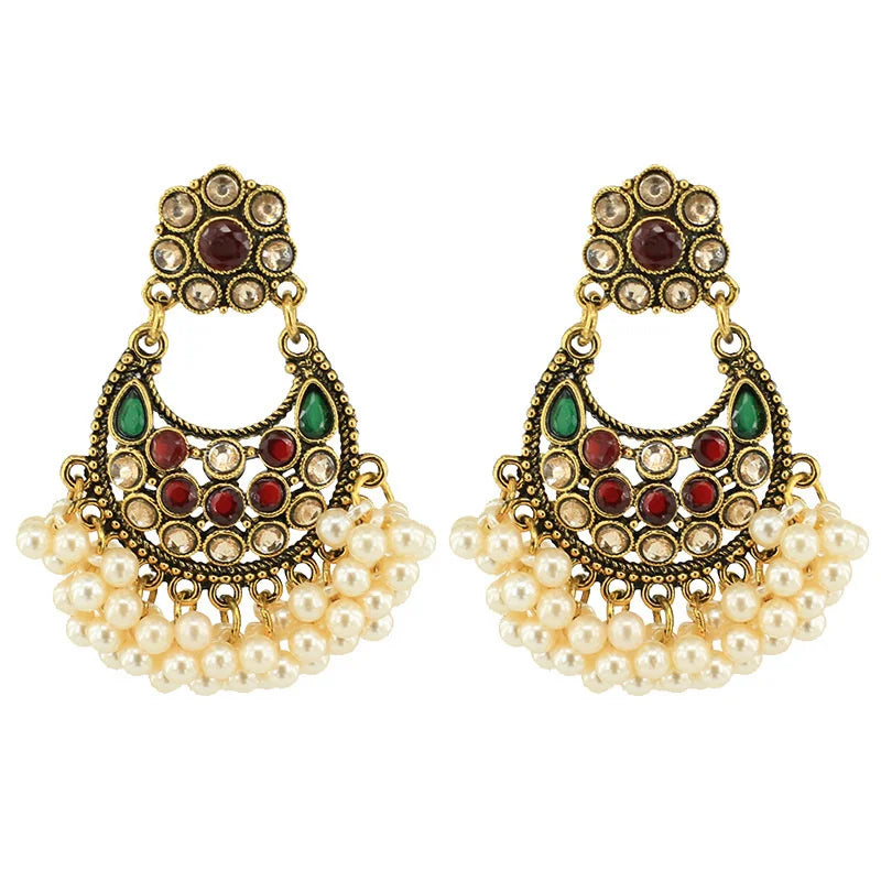 Hot Sale India Indian Style Earrings Pakistan Gilded Handmade Pearl Tassel Gem Lantern Earrings Wholesale