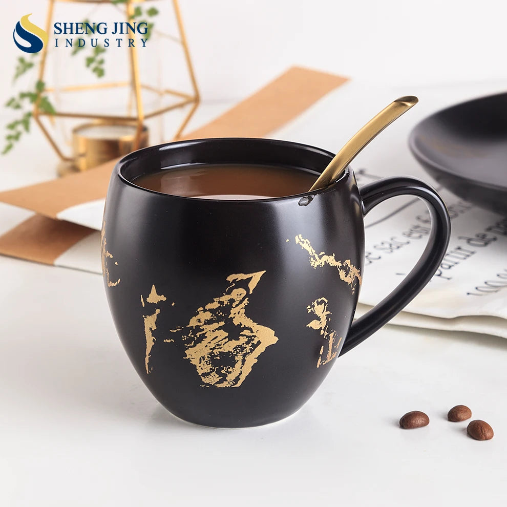 Guangzhou 340ml Western Gold Design Ceramic Marble Mugs Elegant Cup Collection Ceramic Glaze Gold Drinkware