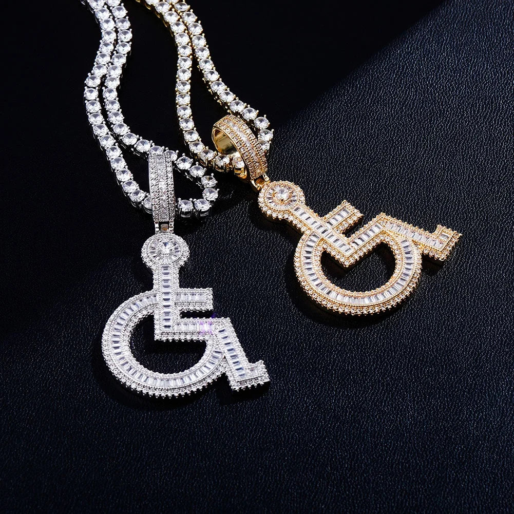 New Wheelchair Baguette Handicap Sign Pendant Necklace Iced Out Cubic Zirconia Charm Pendants Hip Hop Men Tennis Chain Necklaces