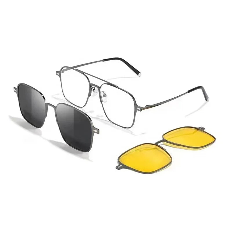 Blue Dual Bridge Metal Anti Blue Light Glasses Frame 7009 with Magnetic on 2 Clip Sunglasses UV Protection Polarized Lens 7009