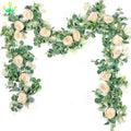Artificial Eucalyptus Flower Garland With Rose Flower Vine Seeded Eucalyptus Leaves Greenery Garland for Wedding Backdrop Party