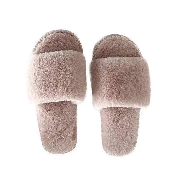 2022 Winter Women Furry Slippers Soft Plush Cross Faux Fur Shoes Indoor Ladies Platform Open Toe Fluffy House One Strap