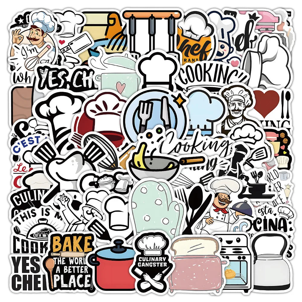 54Pcs Cartoon Chef Kitchen Graffiti Stickers for Kids Wall Book Decor Baking Cooking Sticker