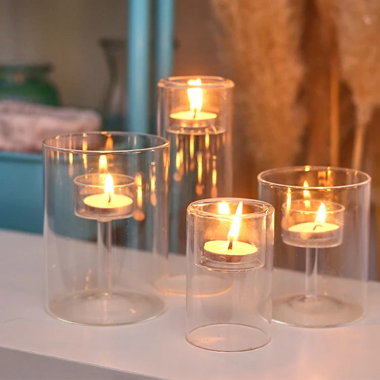 Tall Candle Base Cylinder Stem Tealight Bracket Glass Candle Holder for Christmas and Valentine Evening Parties