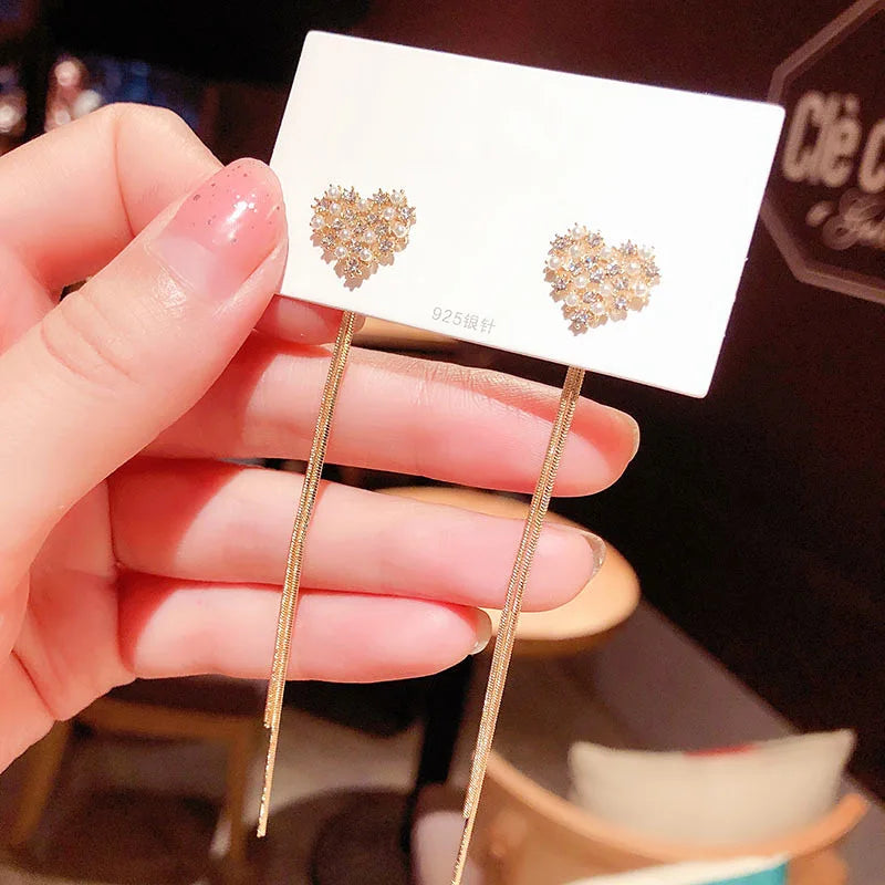 Shining Gold Earrings for Women Long Micro-encrusted Zircon Jewelry Accessories Hanging Small Love Earrings