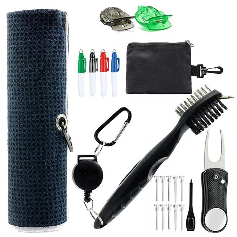 Klear Eco-Friendly Plastic Golf Essentials Kit with Golf Towel Cleaning Brush Ball Alignment & Divot Repair Tool