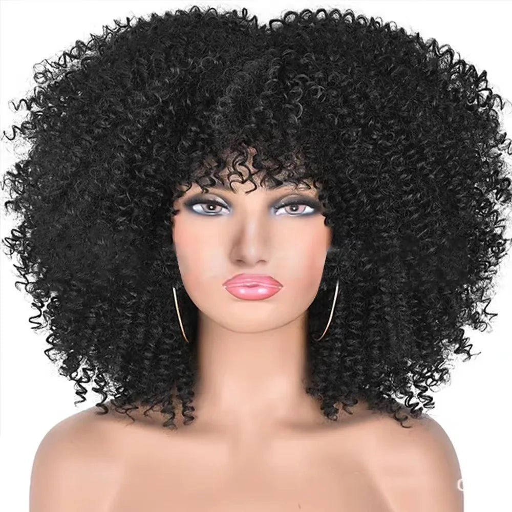 Afro Kinky Curly Wigs With Bangs for Black Women High Temperature African Synthetic Ombre Glueless Cosplay Wigs
