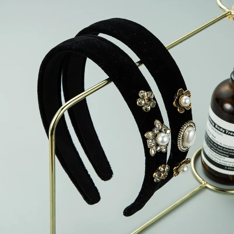 Custom Rhinestone Fashion Hair Accessories Pearls Black Velvet Wide Headband Hairband for Women