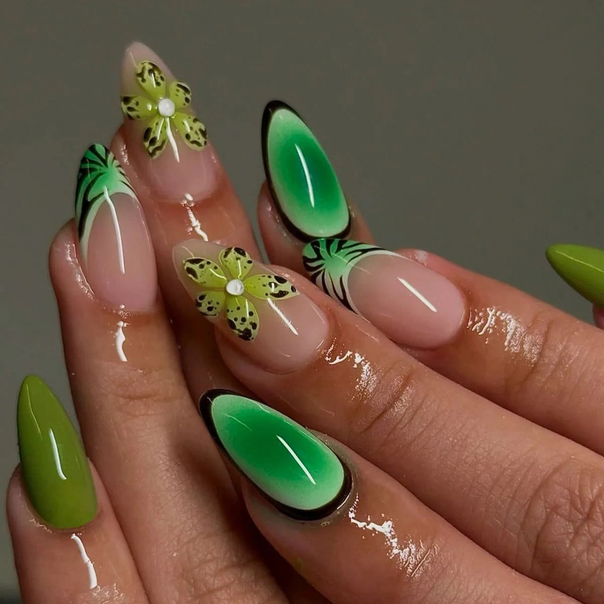 24 Pcs Summer Theme 3D Tropical Flower Almond-Shaped Manicure Press on Nails Artificial Fingernails Customize False Nails 3477