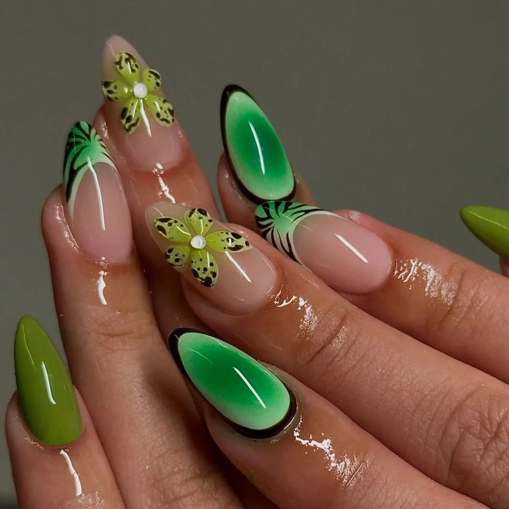 24 Pcs Summer Theme 3D Tropical Flower Almond-Shaped Manicure Press on Nails Artificial Fingernails Customize False Nails 3477