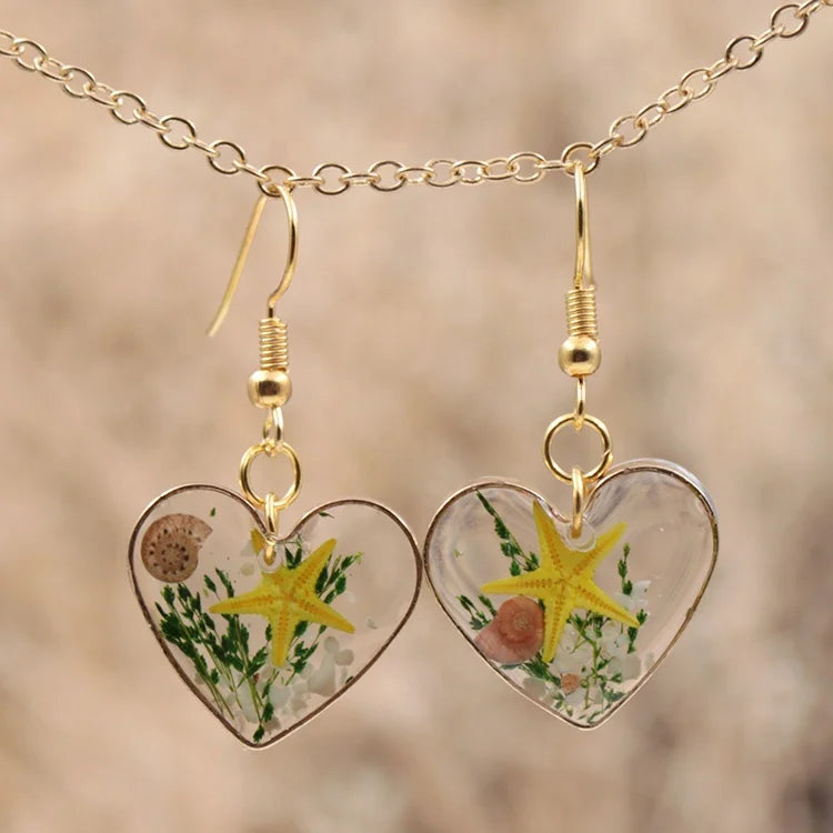Fashion Heart Drop Shape Ocean Series Resin Jewelry Earring for Women Real Sea Starfish Earrings