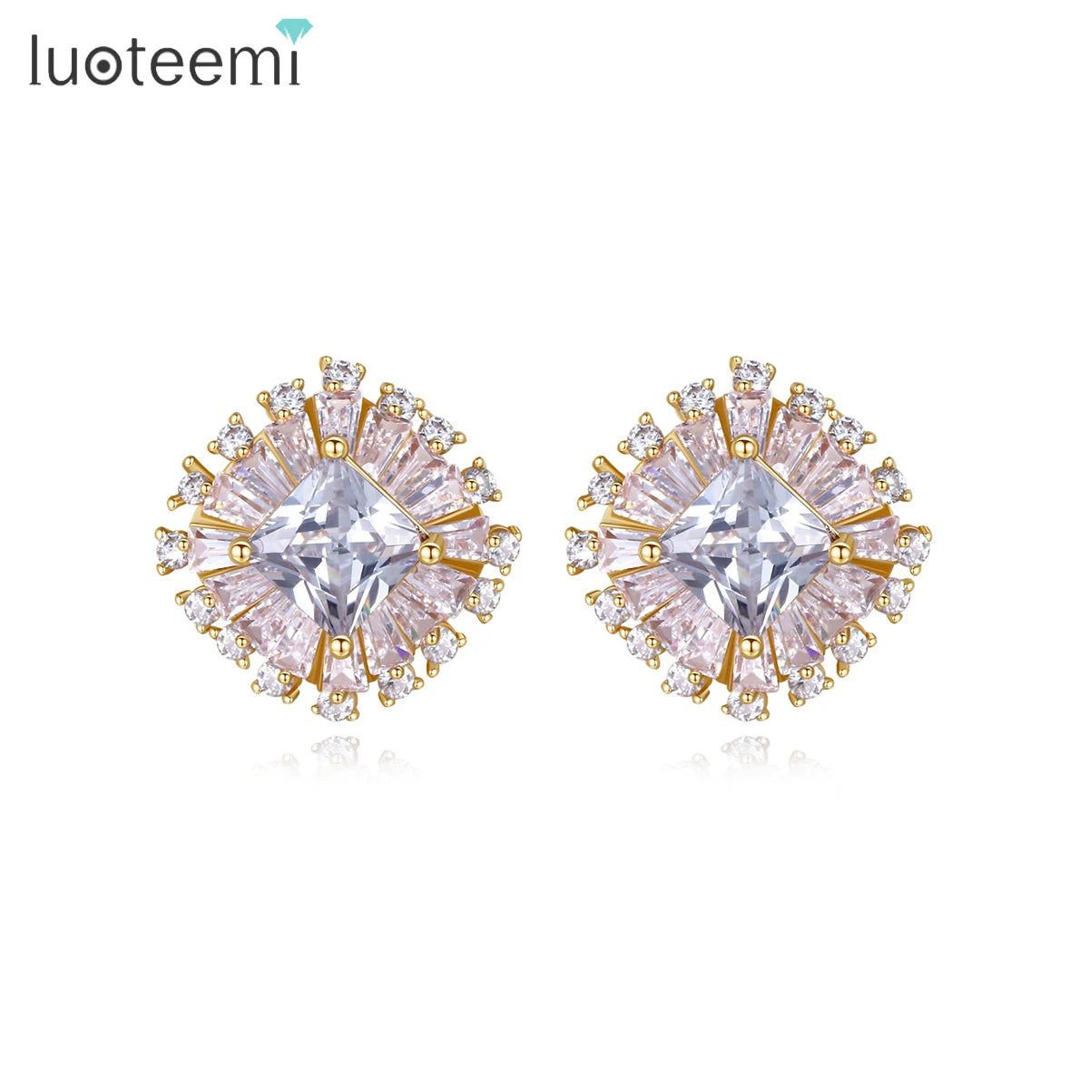 LUOTEEMI Wholesale Women Holiday Summer Must Have Champagne Gold Jewelry Cocktail Party Sparking Small Square CZ Stud Earrings