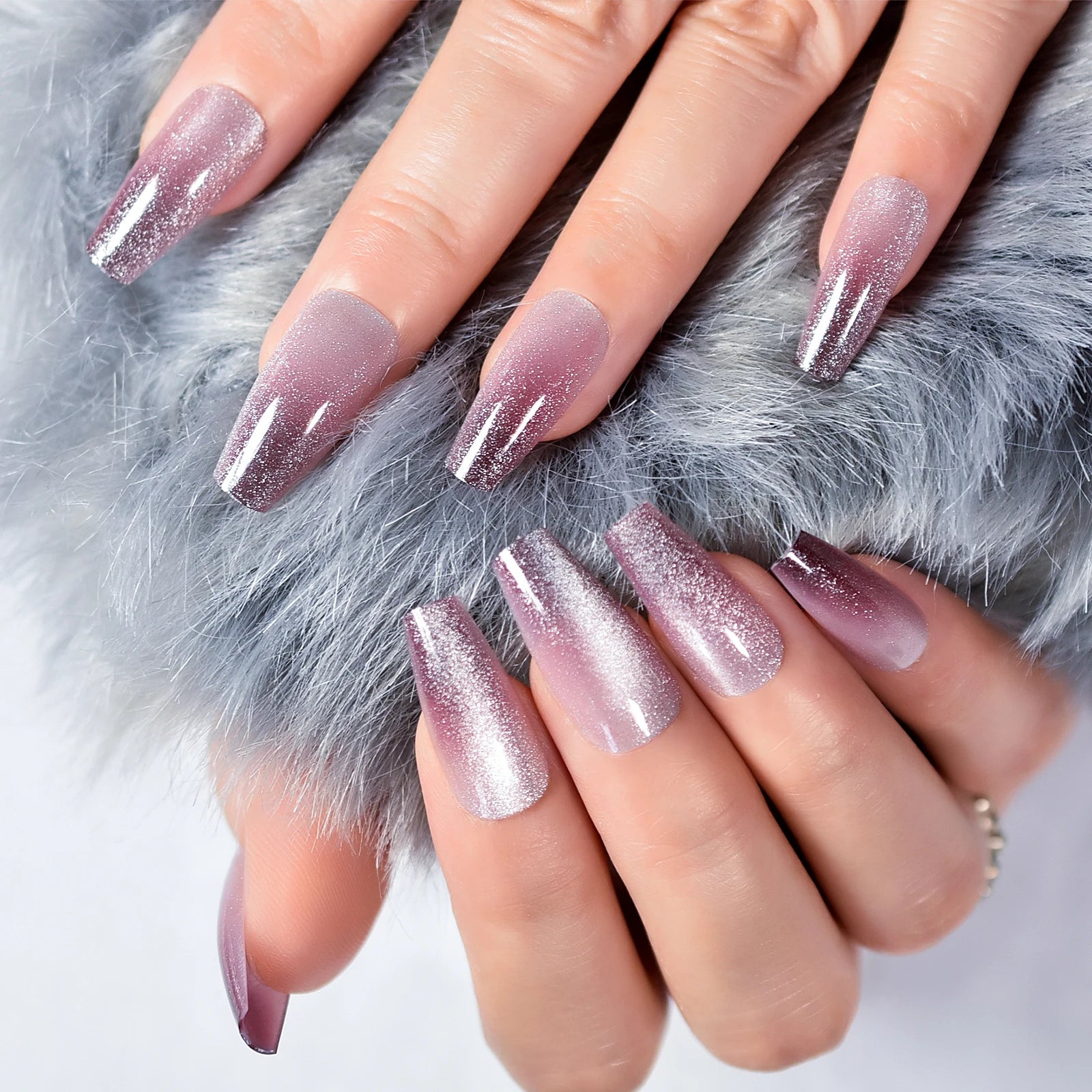 New Arrival Nails Ombre Gradients Purple Press on Nails Salon for Lady Cat Eye Casket Gel Glitter Medium Long