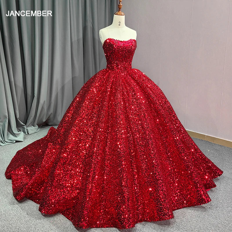Red Glitter Crystal Sequins Ball Gown Quincenara Dresses Off the Shoulder Corset Sweet 16 Evening Dress 6663