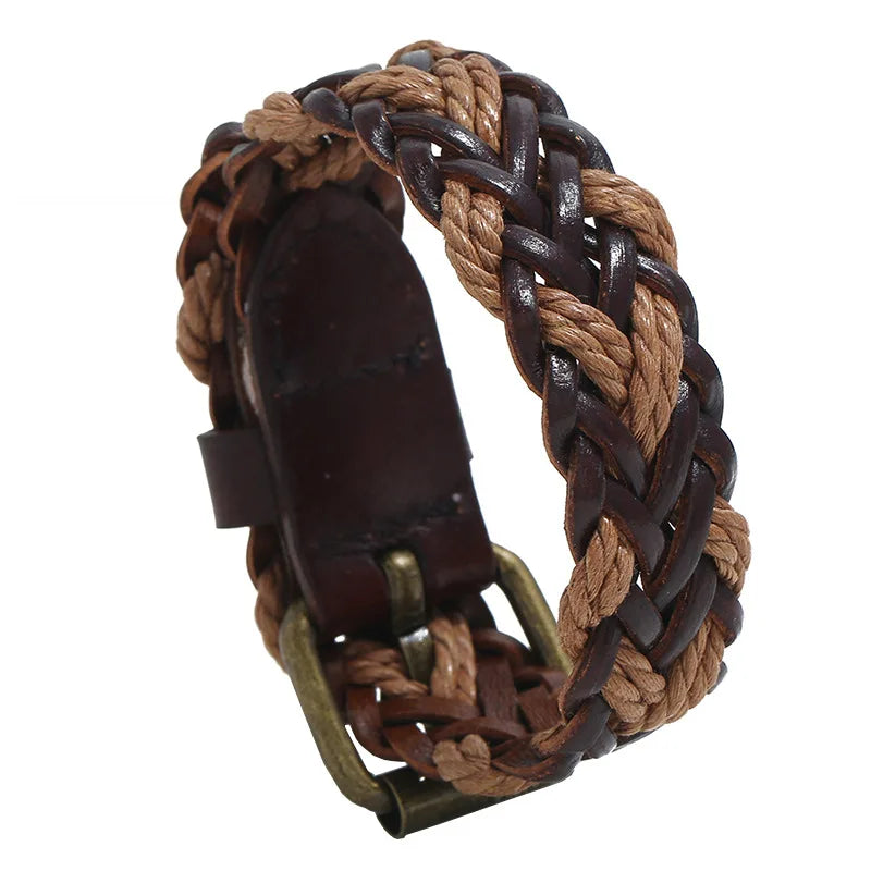 2021 Hot Sale Vintage Hand Woven Genuine Leather Braided Bracelet Handmade Wide Cuff for Men Fashion Wholesale Jewelry