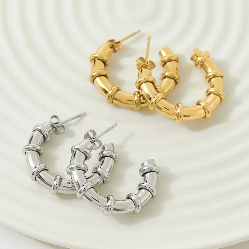 No Fade Gold Plating Stainless Steel Large Semi Circle Earrings Stainless Steel Bamboo Joint Hoop Earring