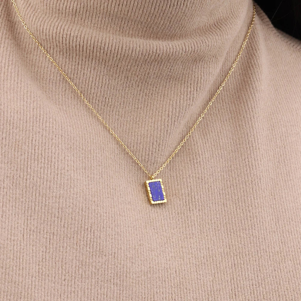 Chris April PVD Gold Plated 316L Stainless Steel Rectangle Untreated Natural Lapis Lazuli Gem Stackable Pendant Necklace