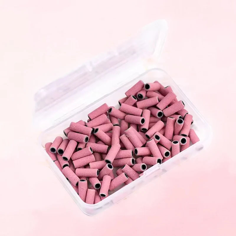 100pcs/box Mini 3mm Mandrel Nail Sanding Band Drill Bit Bulk Pink Custom Logo Box Package 80 120 180 240Grit Band Sanding