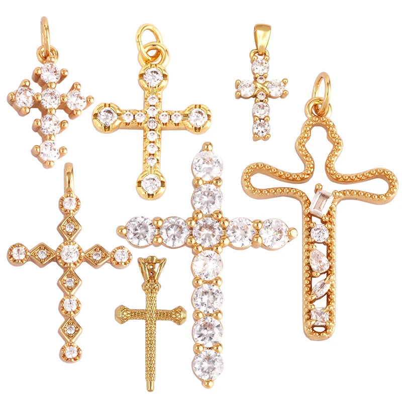 Cross Charm Pendant18K Real Gold Plated Cubic Zirconia CZ Paved Religours  Jewelry Necklace Bracelet Accessories Supplies L75