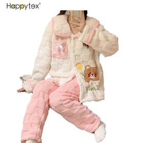 2023 New Thick Soft Cute Cartoon Plush Flannel Cardigan Long Sleeve 2 PCS Winter Luxury Sleepwear for Ladies Women Home Indoor