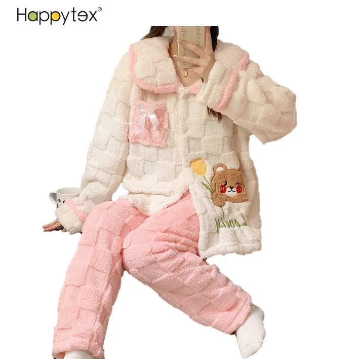 2023 New Thick Soft Cute Cartoon Plush Flannel Cardigan Long Sleeve 2 PCS Winter Luxury Sleepwear for Ladies Women Home Indoor