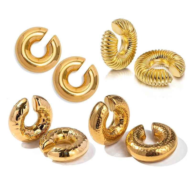 Non Tarnish 18K Gold Plated 30mm Big Hollow Tube Chunky Ear Cuff Earrings Clip on Non Pierced Cartilage Earrings Stainless Steel