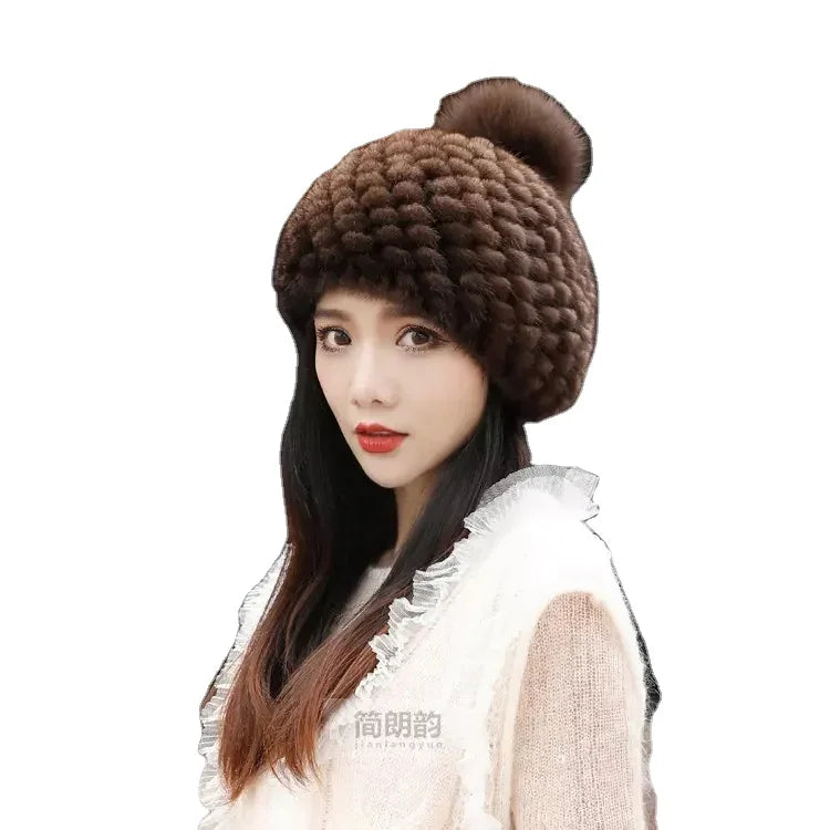 MWfur Winter Mink Fur Bucket Hat Mink Hair Hats Fashion Mink Fur Hat Knit Pineapple Beret Fox Hair Ball for Women