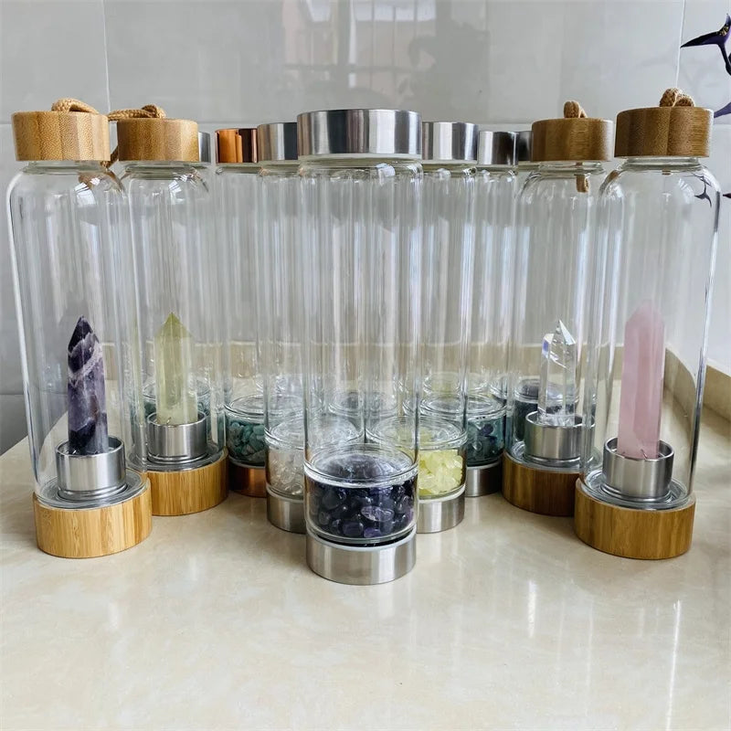 Wholesale Natural Crystal Drink Bottle Quartz Gravel Crysta Point Glass Water Bottle for Healing