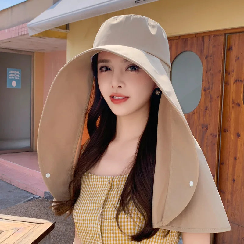 Summer Women's Poplin Wide Brim Shawl Hat with Neck Protection Sunscreen Ponytail Cap for Outdoor Activities