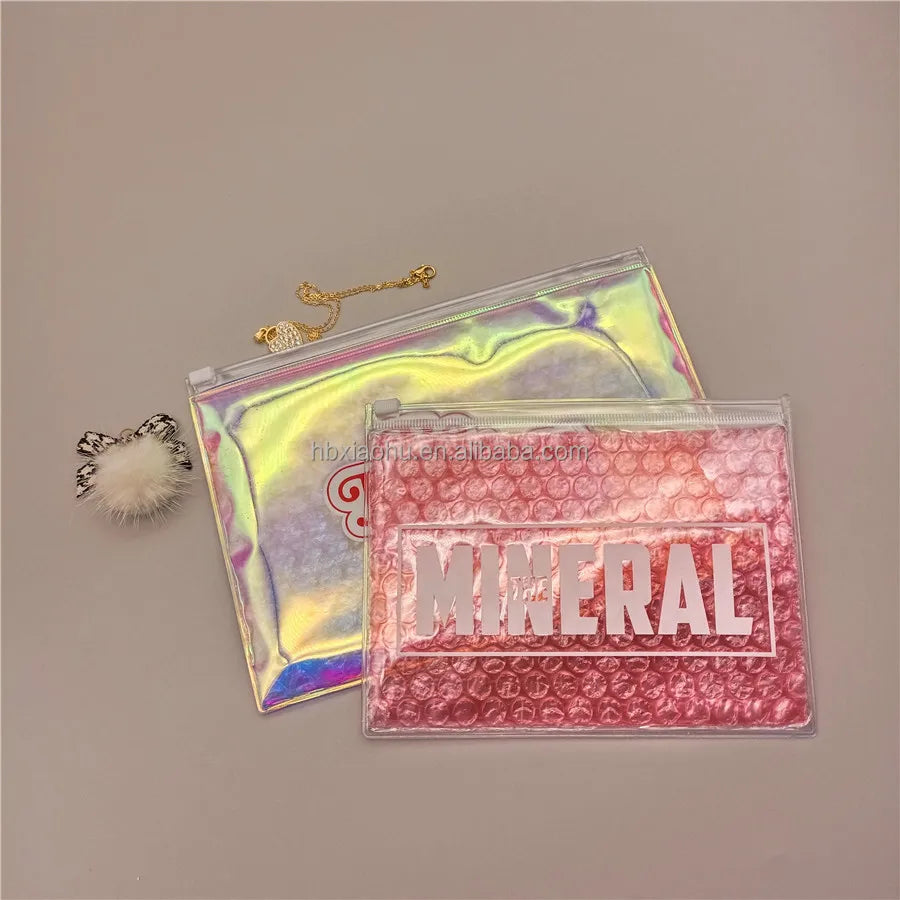 Custom logo Shiny Zipper Bubble Mailers Pouch Bag Pvc Ziplock Mailer Print for Cosmetics Shipping Bubble Bag