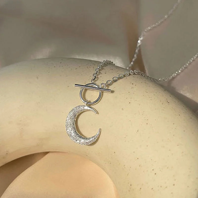 Exquisite S925 Sterling Silver Matte Moon Necklace Flash Star Moon Pendant Necklace for Women Girls