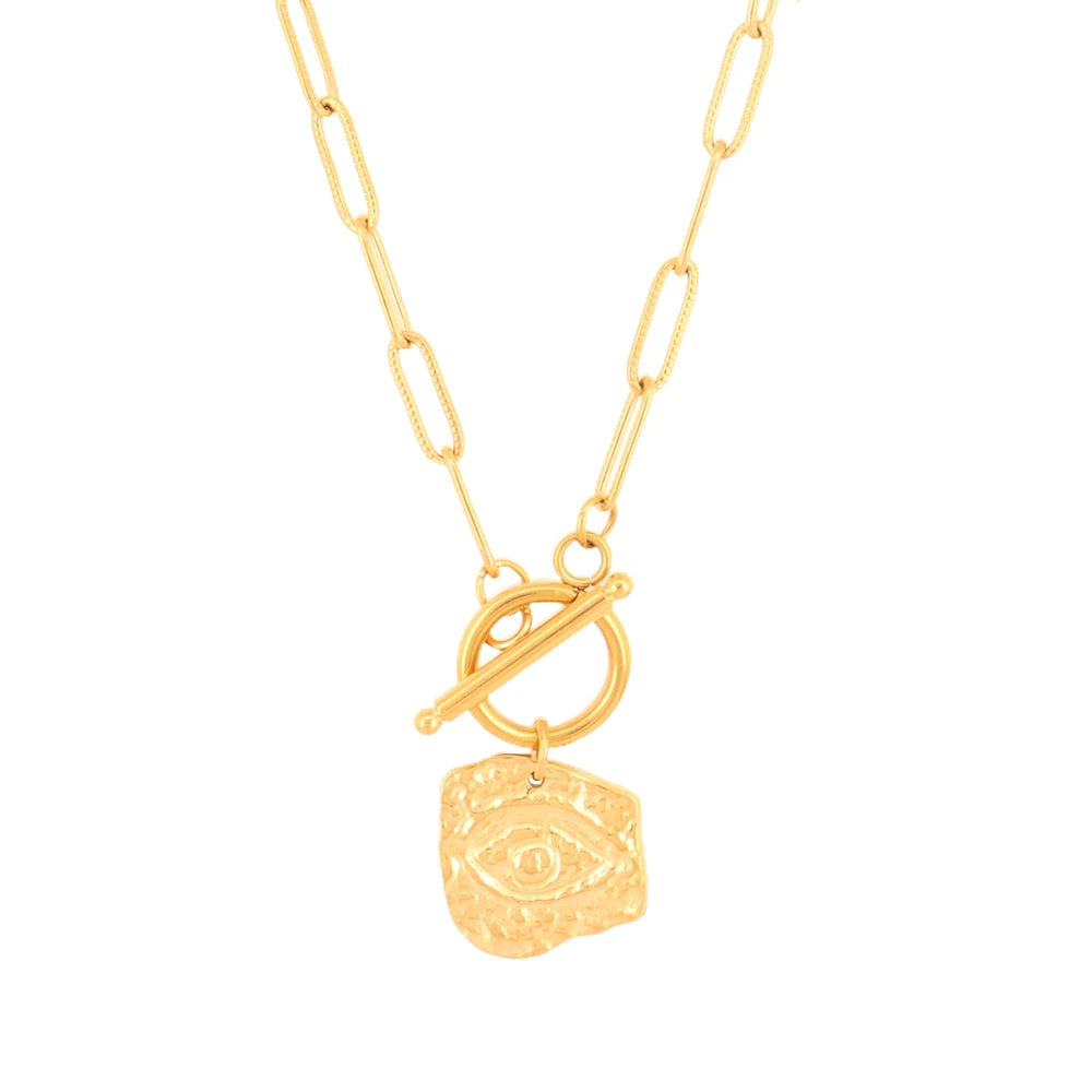 Trendy 18K Gold Plated Stainless Steel Geometric Party Paper Clip Chain Devils Eye OT Buckle Clasp Choker Necklace Unisex