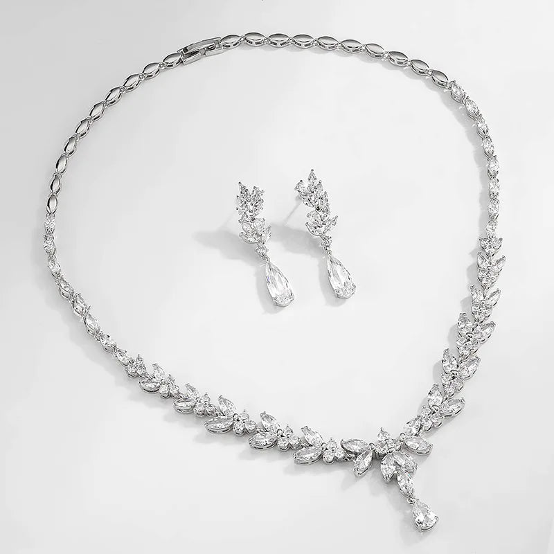 Korean Simple Wedding Jewelry Sets Luxury Leaf CZ Zircon Bridal Stud Earrings  Pendant Choker Necklace Set