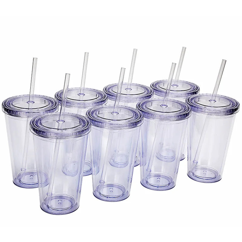 Wholesale 16Oz Transparent Acrylic Tumbler with Lid and Straw Modern Double Wall clear PS Plastic Cups Simple Plastic Tumbler