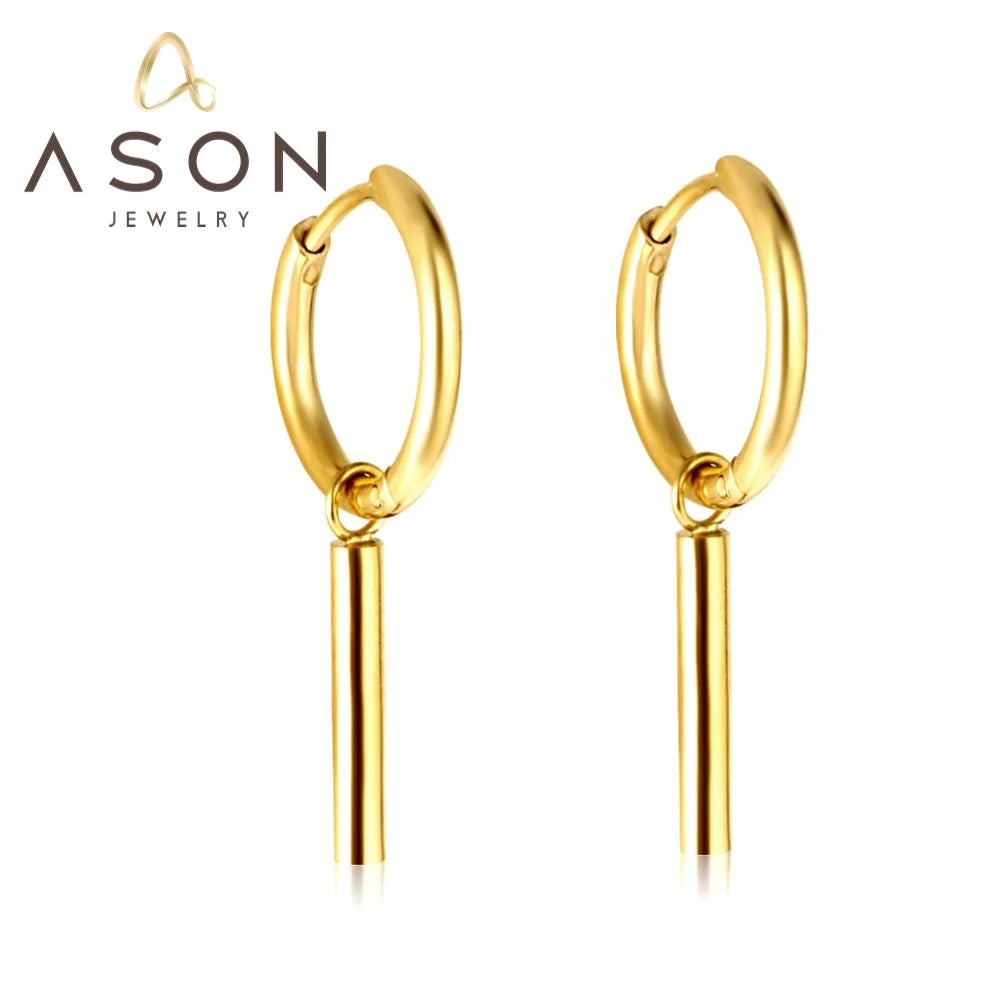 Ason Jewelry Fashion Waterproof Stainless Steel Huggie Earrings 18K Gold-plated Cylinder Drop Hoop Earrings for Women