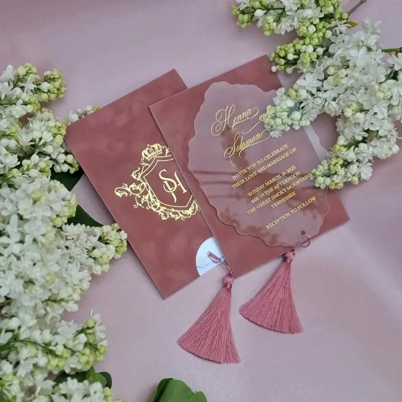 Wedding Invitation Beige Velvet Envelope Acrylic Invitation Luxury Tassel Gold Foil Monogram Wedding Card