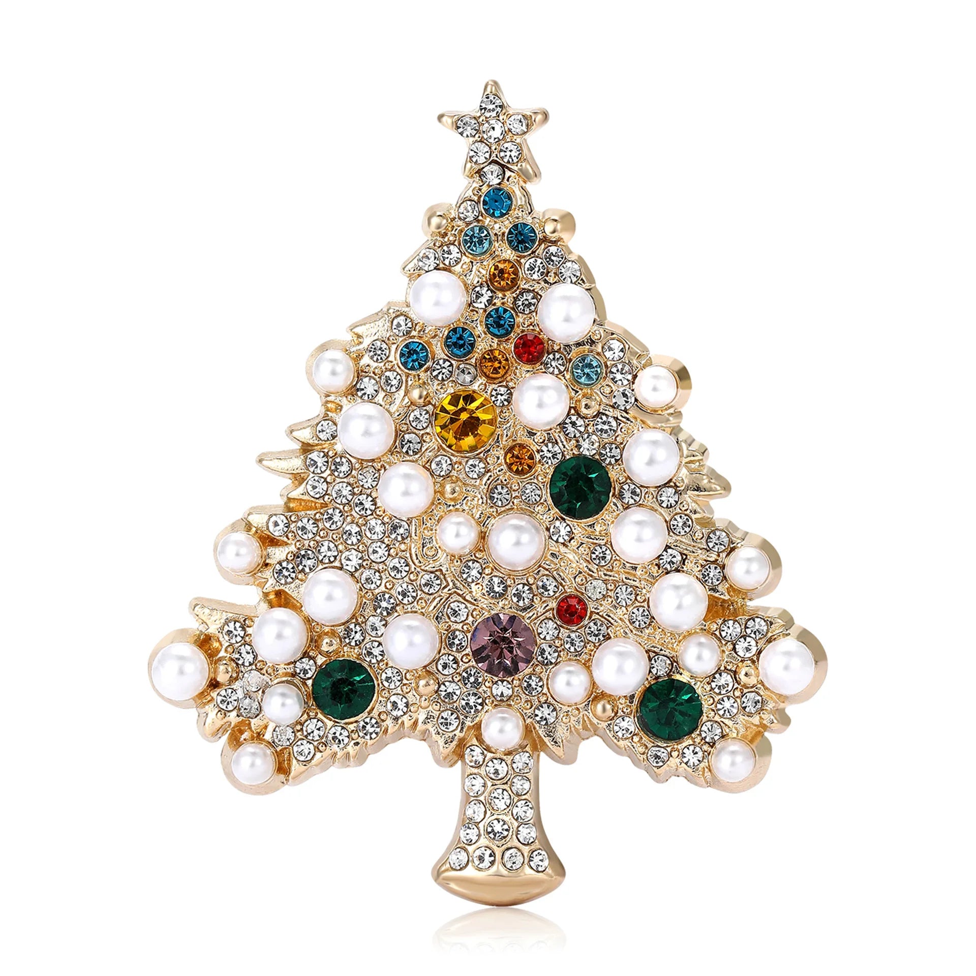 New Popular Alloy Rhinestone Pearl Christmas Tree Brooch for Women's Jewelry