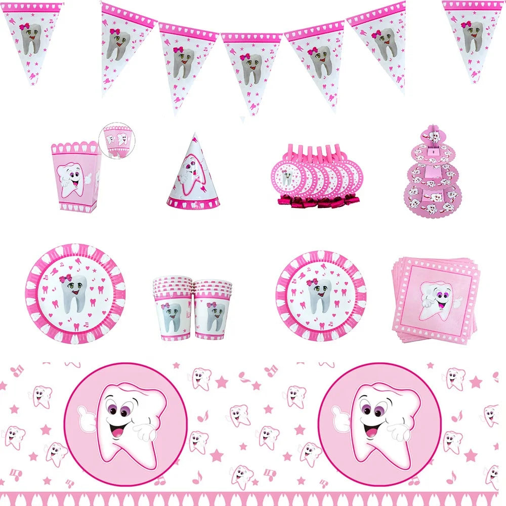 DAMAI Blue Pink Healthy Teeth Theme Party Paper Plate Set Boy Girl Birthday Party Disposable Tableware for Party Supplies