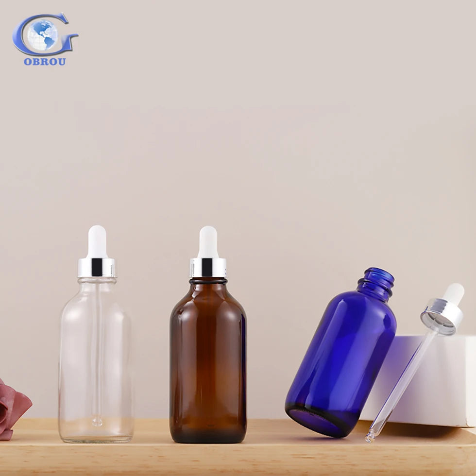 Custom 60ml Frosted Glass Serum Bottles Clear Blue Essential Oil Dropper Roller Pump Cosmetic Jar Amber Droppers Screen Printed