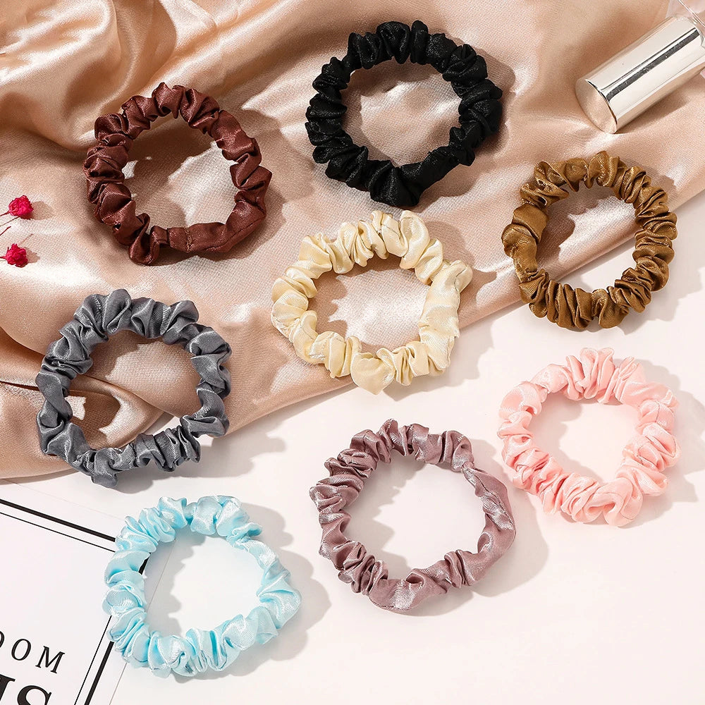 New Style Silk Elastic Scrunchie Box 1CM Custom Logo Hair Silk Hair Accessories Woman Ponytail Hair Ties Silk Scrunchies