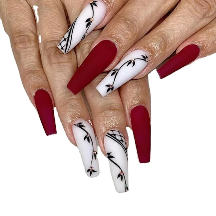 INS Artificial False Nails Long Matte 24pcs/set Long Coffin Red Nails Acrylic Full Cover False Nails for Finger