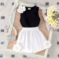 Girls' Summer Sweet Clothes Set Solid Color Sleeveless Three-dimensional Flower Top Elastic Shorts Two-piece Set